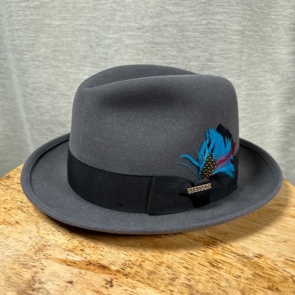 Stetson Mallory Made in Canada Wool Feather Gray Fedora Hat Mens Sz 7